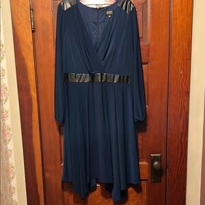 Elegant Blue Dress with Black vegan leather Accents